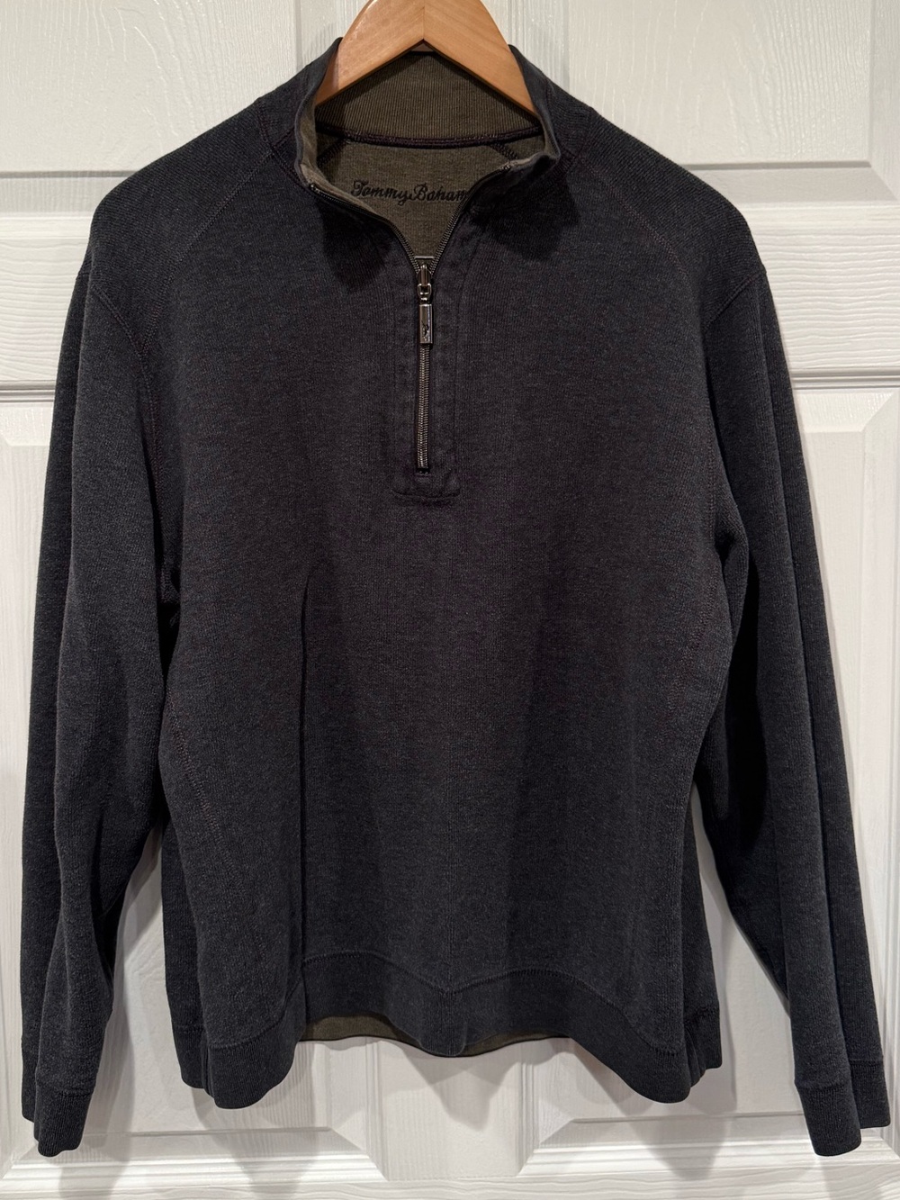 TommyBahama Olive/Gray Mock Neck 1/4 Zip Knit Pullover Sweatshirt Reversible O38